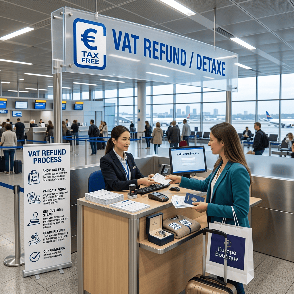 Airport VAT REFUND / DETAXE counter with traveler and staff member
