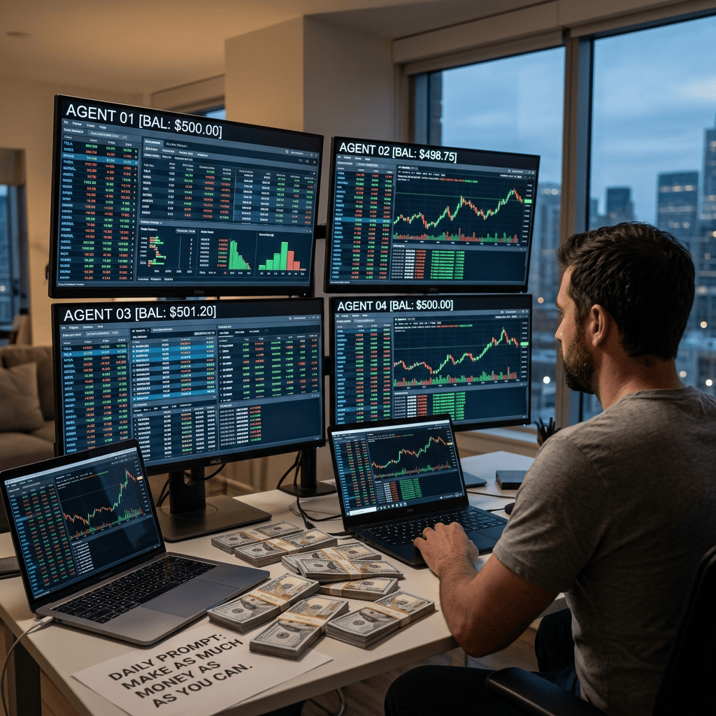 Trader viewing screens labeled Agent 01, Agent 02, Agent 03, Agent 04, and “DAILY PROMPT: MAKE AS MUCH MONEY AS YOU CAN.”