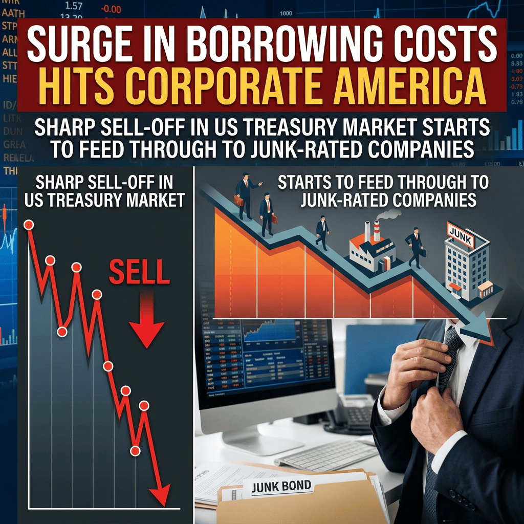 Graphic text: "SURGE IN BORROWING COSTS HITS CORPORATE AMERICA" and "SHARP SELL-OFF IN US TREASURY MARKET STARTS TO FEED THROUGH TO JUNK-RATED COMPANIES," with a falling sell-off chart, declining market illustration, and junk bond folder.