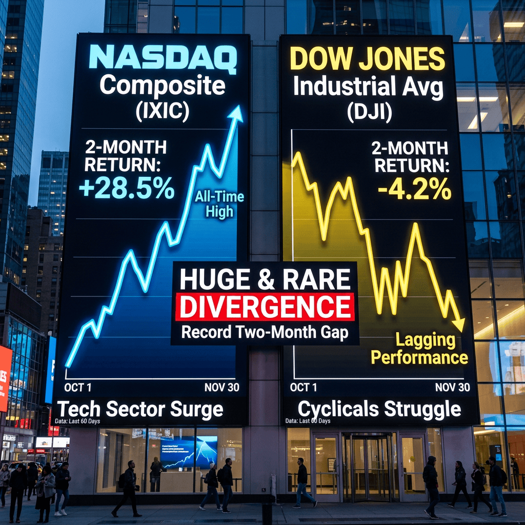 NASDAQ Composite (IXIC) 2-month return +28.5%, all-time high; Dow Jones Industrial Avg (DJI) 2-month return -4.2%; huge and rare divergence, record two-month gap; Oct 1 to Nov 30; Tech Sector Surge and Cyclicals Struggle; data: last 60 days.