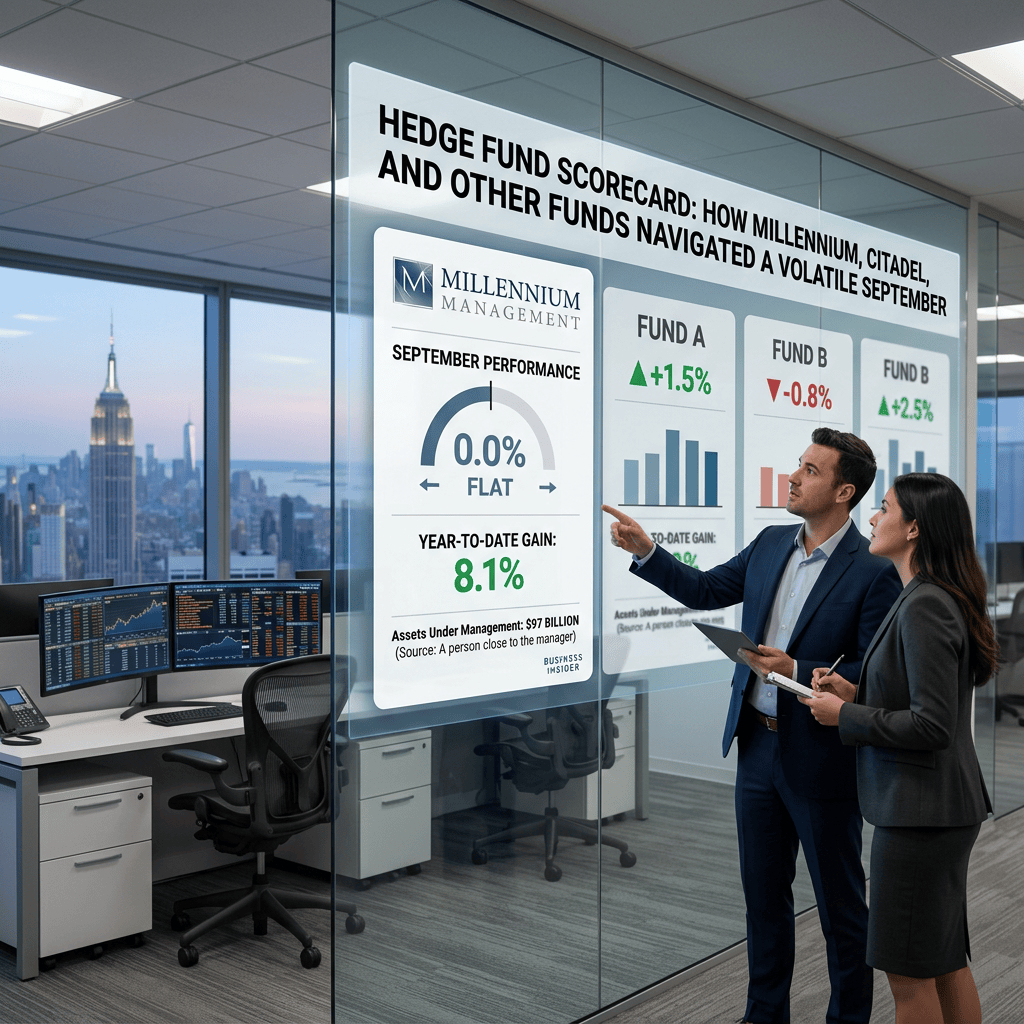 Hedge fund scorecard showing Millennium Management, 0.0% September return, and 8.1% year-to-date gain