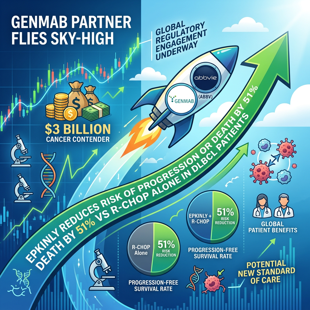Infographic text: GENMAB PARTNER FLIES SKY-HIGH; GLOBAL REGULATORY ENGAGEMENT UNDERWAY; $3 BILLION CANCER CONTENDER; EPKINLY REDUCES RISK OF PROGRESSION OR DEATH BY 51% VS R-CHOP ALONE IN DLBCL PATIENTS; PROGRESSION-FREE SURVIVAL RATE; EPKINLY + R-CHOP; 51% RISK REDUCTION; R-CHOP Alone; 51% RISK REDUCTION; GLOBAL PATIENT BENEFITS; POTENTIAL NEW STANDARD OF CARE; AbbVie (ABBV); GENMAB.