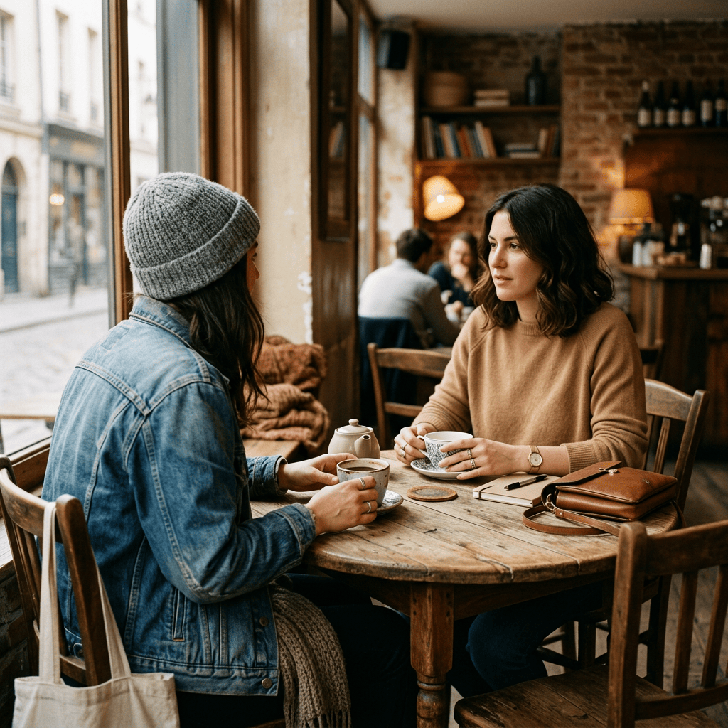 Two women talking over coffee at a café table