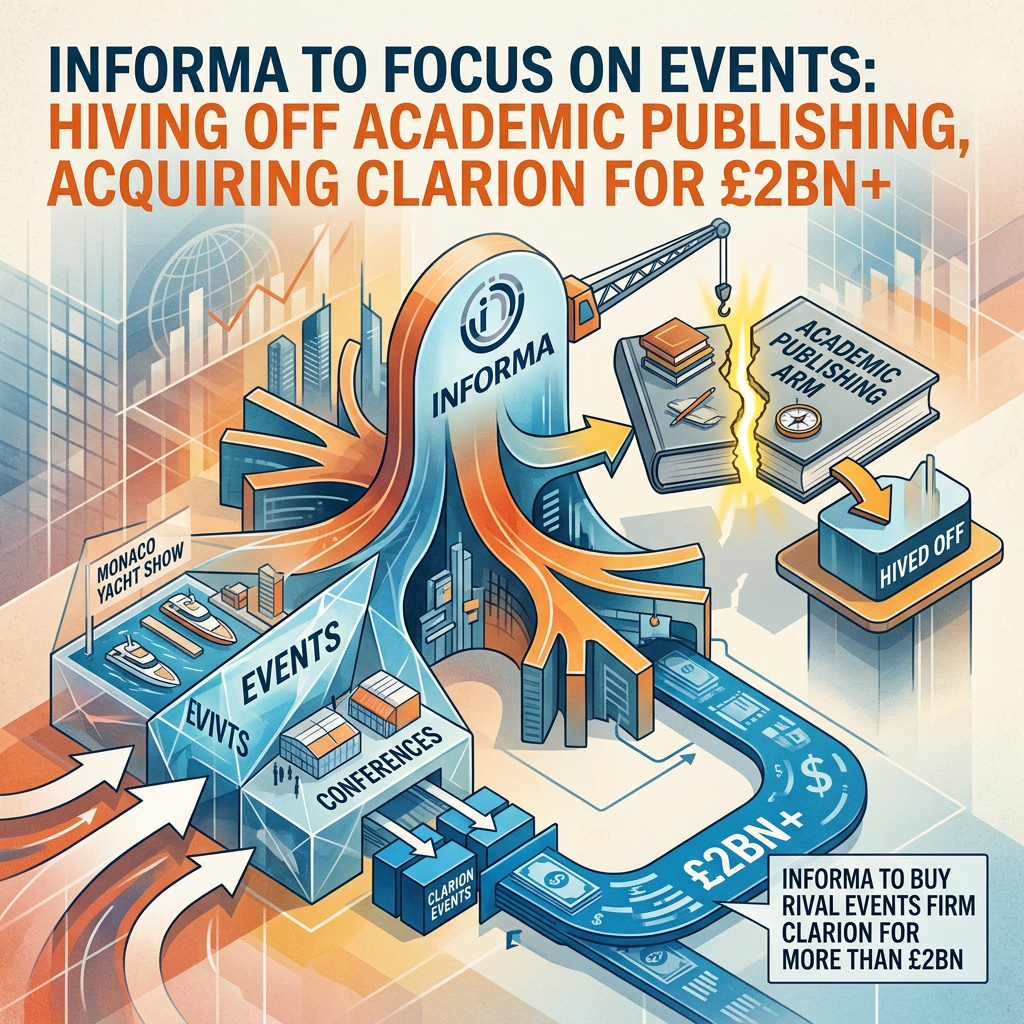 Text: INFORMA TO FOCUS ON EVENTS: HIVING OFF ACADEMIC PUBLISHING, ACQUIRING CLARION FOR £2BN+; INFORMA; ACADEMIC PUBLISHING ARM; HIVED OFF; EVENTS; CONFERENCES; MONACO YACHT SHOW; CLARION EVENTS; £2BN+; INFORMA TO BUY RIVAL EVENTS FIRM CLARION FOR MORE THAN £2BN