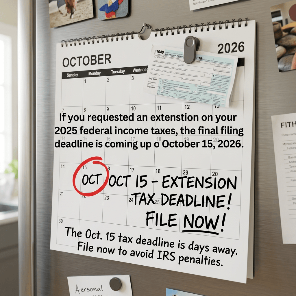 Calendar marked October 15, 2026, with text: If you requested an extension on your 2025 federal income taxes, the final filing deadline is coming up October 15, 2026. OCT 15 – EXTENSION TAX DEADLINE! FILE NOW! The Oct. 15 tax deadline is days away. File now to avoid IRS penalties.