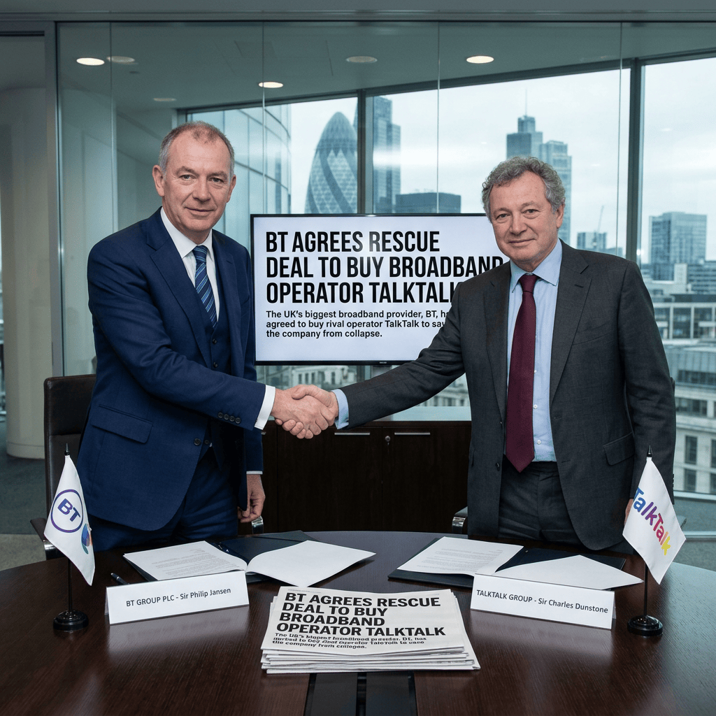 BT agrees rescue deal to buy broadband operator TalkTalk as executives shake hands