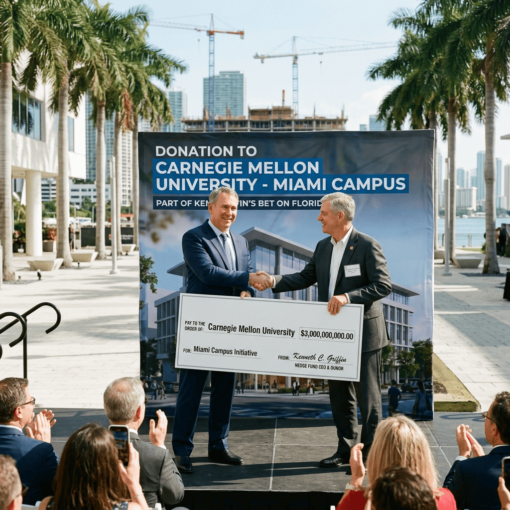 Donation to Carnegie Mellon University - Miami Campus; $3,000,000,000 check for Miami Campus Initiative from Kenneth C. Griffin; two men shake hands.