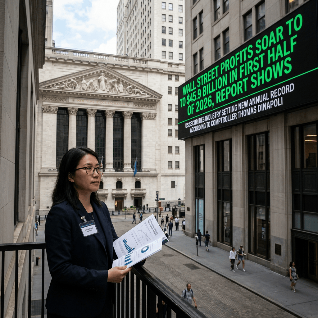 Financial professional holding charts outside the New York Stock Exchange beside sign reading Wall Street profits soar to $45.9 billion in first half of 2026, report shows.
