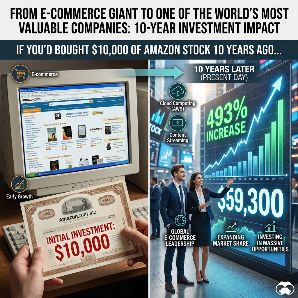 Infographic: From e-commerce giant to one of the world’s most valuable companies; a $10,000 Amazon investment from 10 years ago is shown as a 493% increase to $59,300 today, highlighting cloud computing, content streaming, global e-commerce leadership, expanding market share, and investing opportunities.