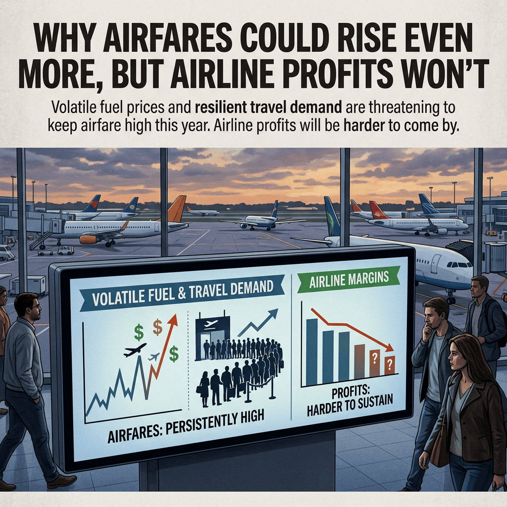 Headline: WHY AIRFARES COULD RISE EVEN MORE, BUT AIRLINE PROFITS WON’T. Volatile fuel prices and resilient travel demand are threatening to keep airfare high this year. Airline profits will be harder to come by. Display: VOLATILE FUEL & TRAVEL DEMAND; AIRLINE MARGINS; AIRFARES: PERSISTENTLY HIGH; PROFITS: HARDER TO SUSTAIN.