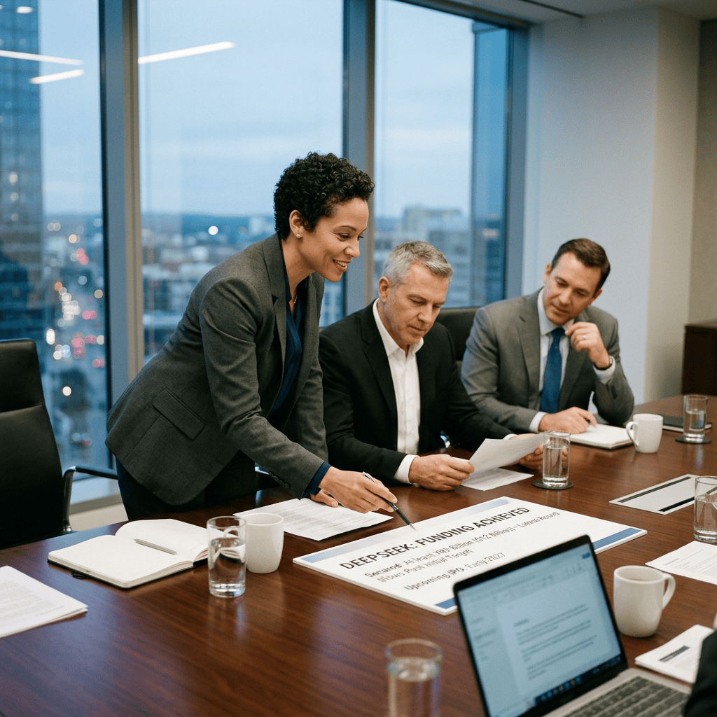Three business professionals reviewing documents beside a sign reading “DEEP SEEK: FUNDING ACHIEVED”