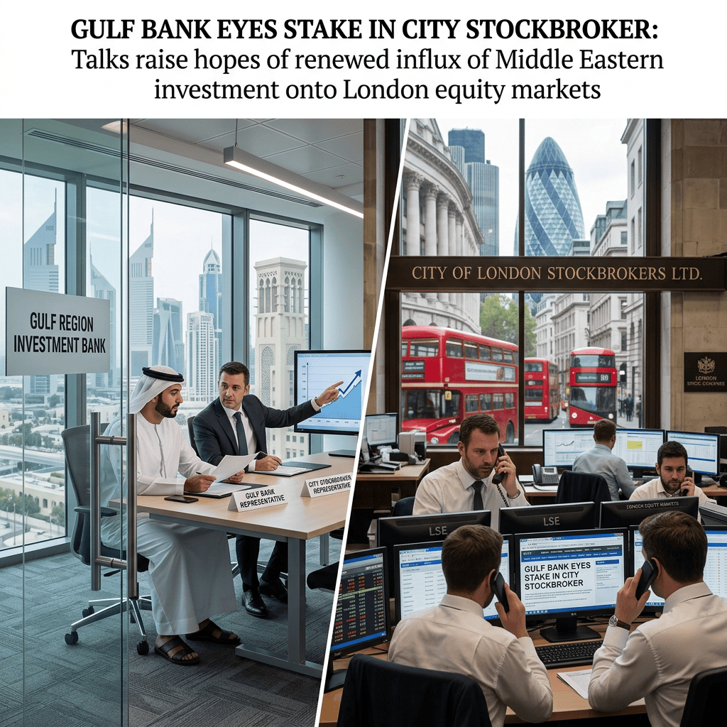 Headline reads Gulf Bank Eyes Stake in City Stockbroker; Gulf representatives meet London brokers beside trading screens.
