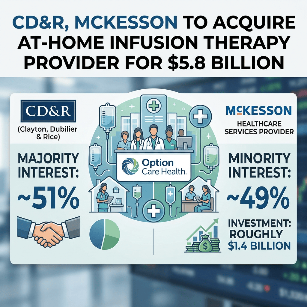 CD&R, McKesson to acquire at-home infusion therapy provider for $5.8 billion. CD&R (Clayton, Dubilier & Rice): majority interest ~51%. McKesson healthcare services provider: minority interest ~49%. Option Care Health. Investment: roughly $1.4 billion.