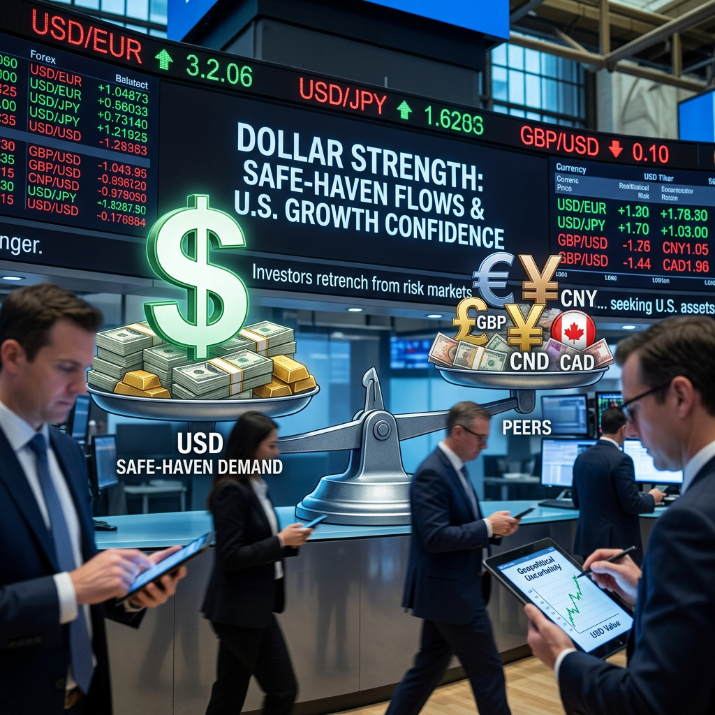 Financial market graphic reading “DOLLAR STRENGTH: SAFE-HAVEN FLOWS & U.S. GROWTH CONFIDENCE,” with USD, euro, yen, and currency exchange data.